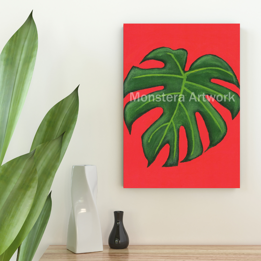 Happy Monstera - Orange. Original Canvas