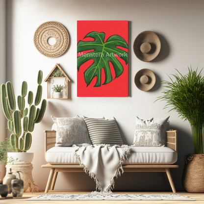 Happy Monstera - Orange. Original Canvas