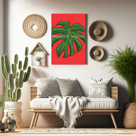 Happy Monstera - Orange. Original Canvas