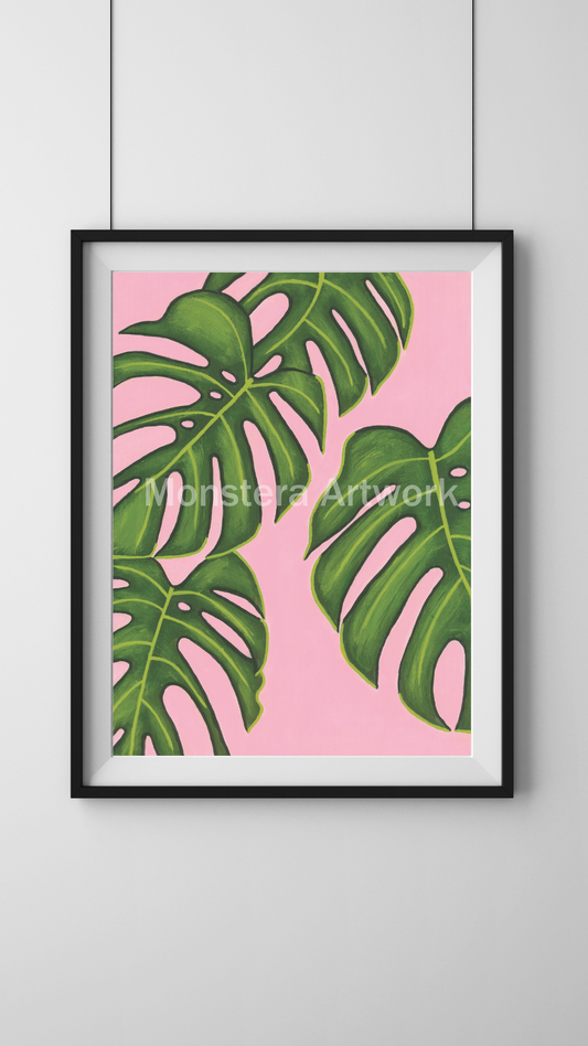 Monstera Green Leaf - Pink. Print