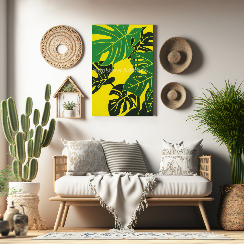 Happy Monstera - Yellow. Original canvas