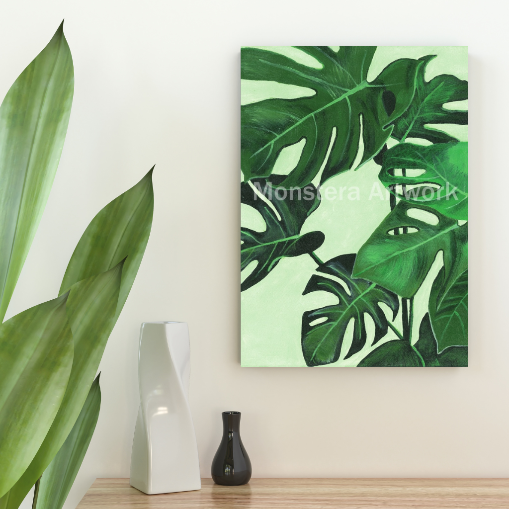 Happy Monstera - Green. Original canvas