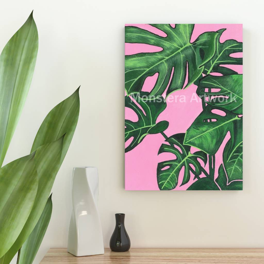 Happy Monstera - Pink. Original canvas