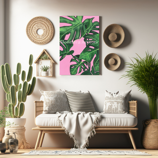 Happy Monstera - Pink. Original canvas