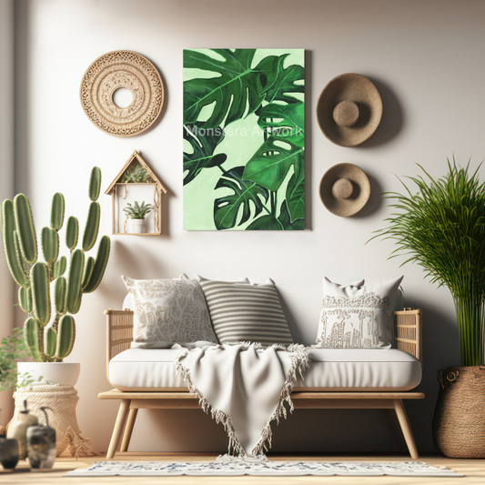 Happy Monstera - Green. Original canvas