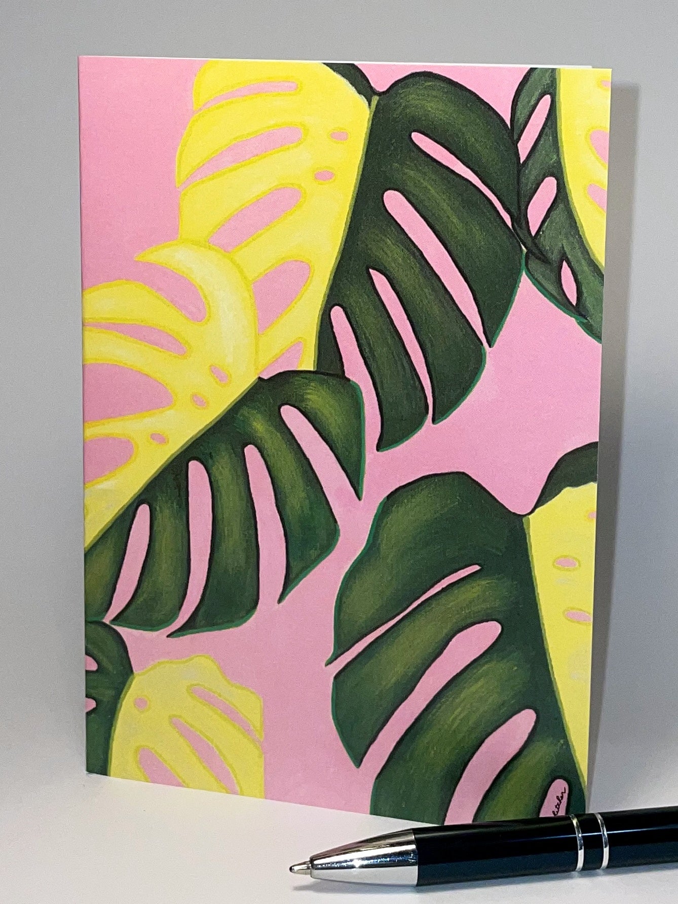 Monstera Albo Pink. Greeting Card. Pack of 10