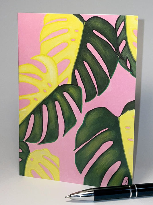 Monstera Albo Pink. Greeting Card. Pack of 10