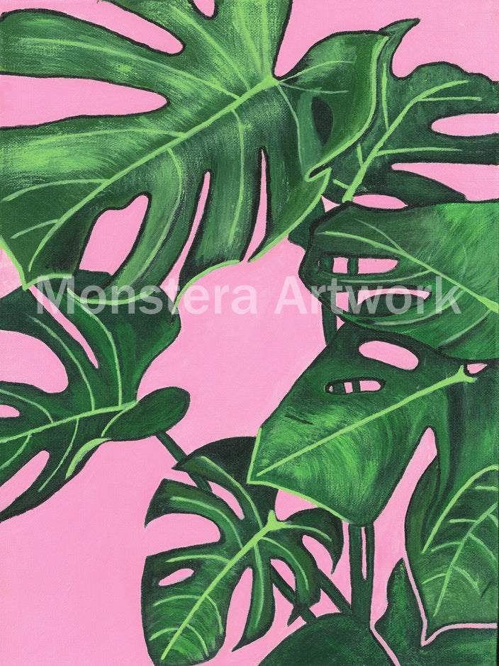 Happy Monstera - Pink. Original canvas