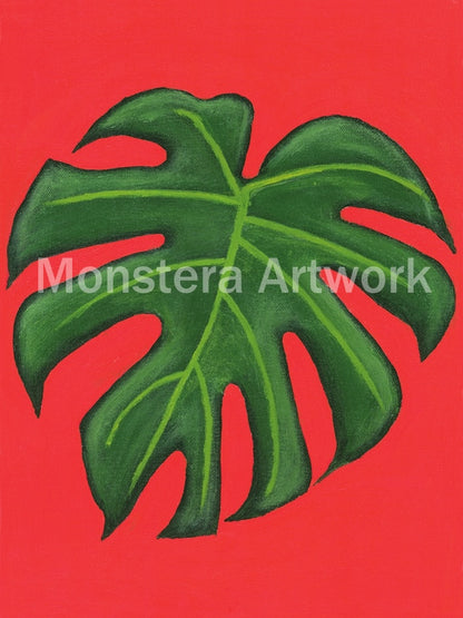 Happy Monstera - Orange. Original Canvas