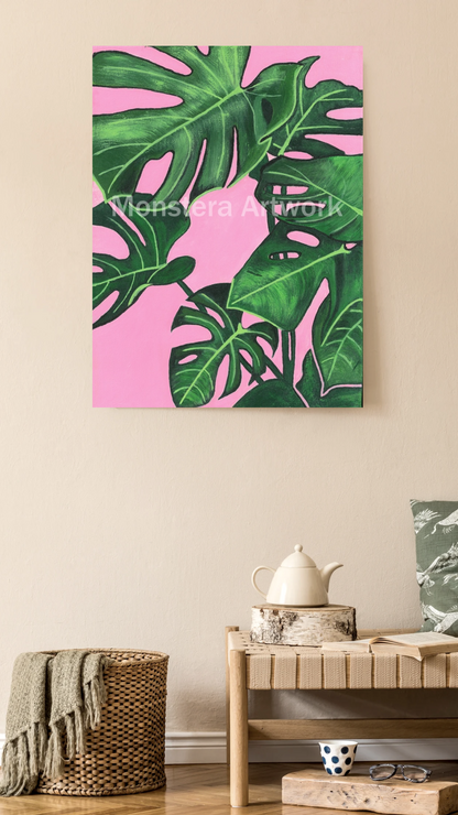 Happy Monstera - Pink. Original canvas