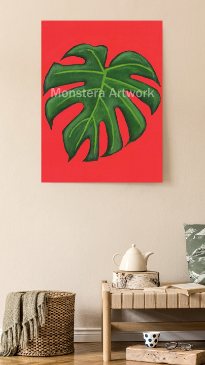 Happy Monstera - Orange. Original Canvas