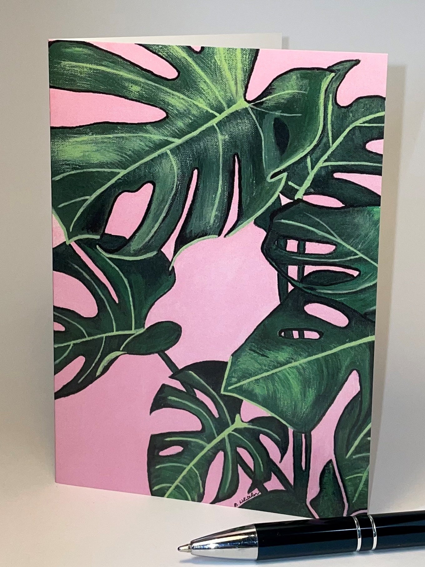 Happy Monstera - Pink.  Greeting Card. Pack of 10