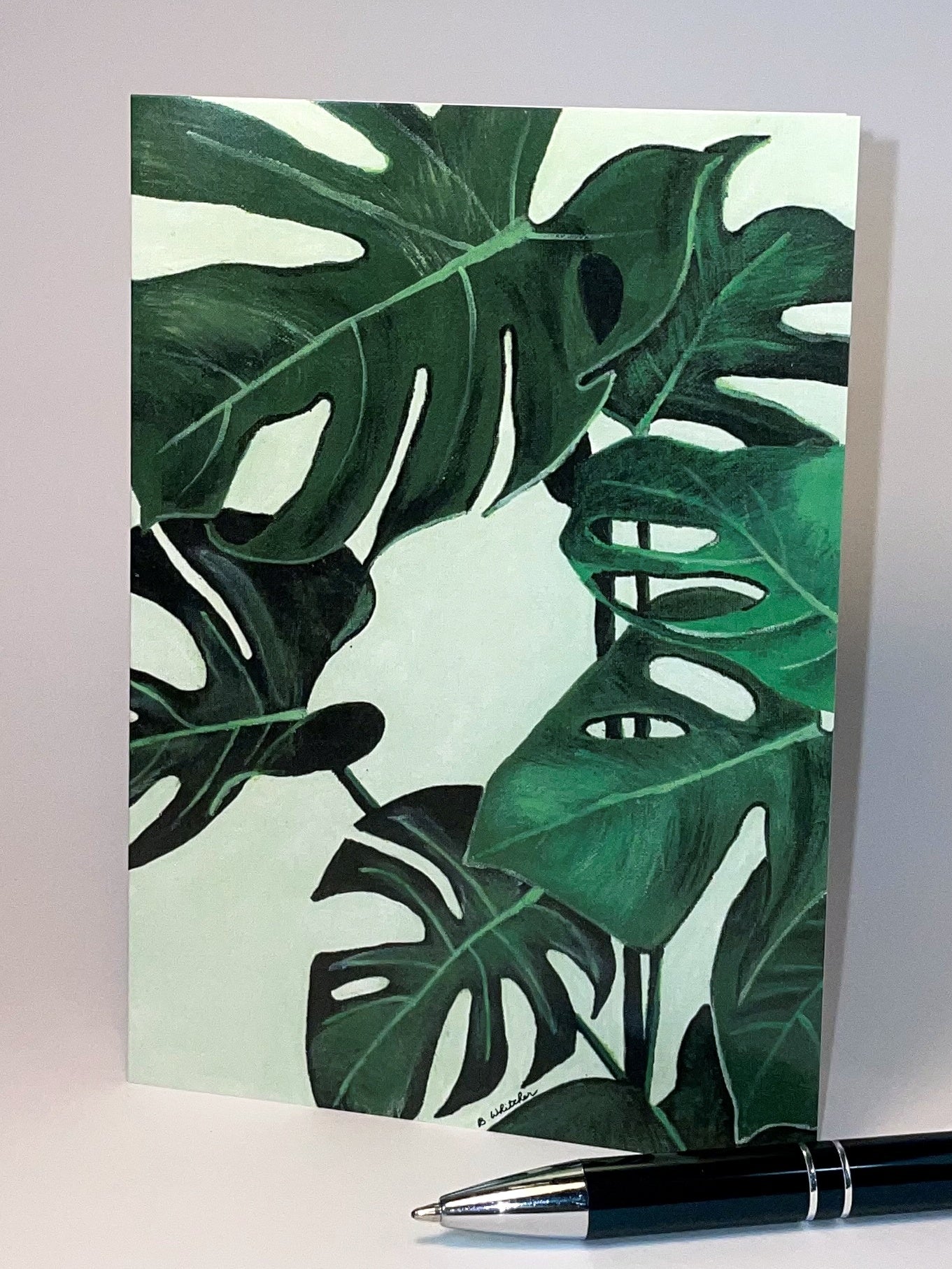 Happy Monstera - Green.  Greeting Card. Pack of 10