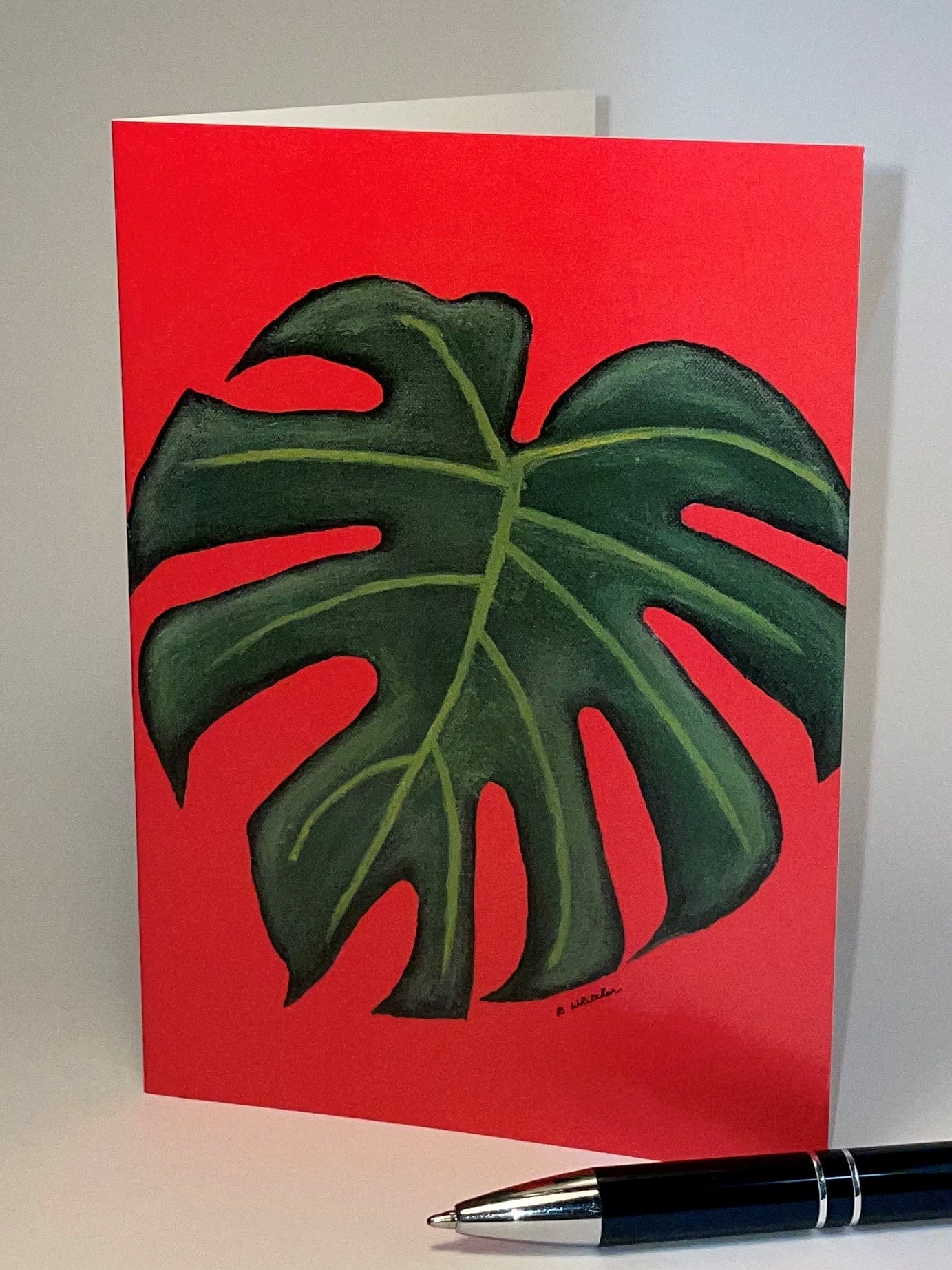 Monstera single leaf Orange. Greeting Card. Pack of 10