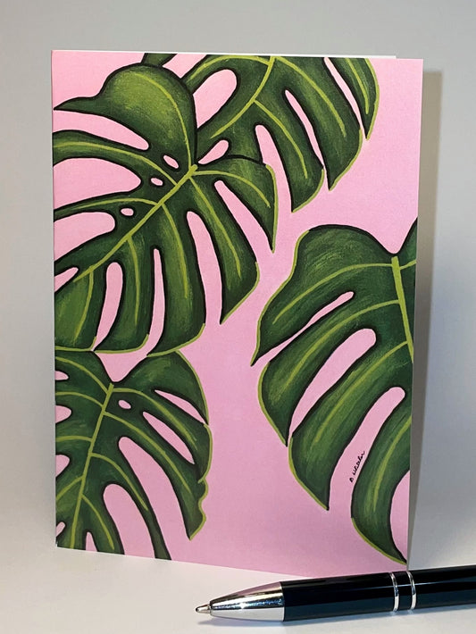 Monstera Green Leaf- Pink. Greeting Card. Pack of 10