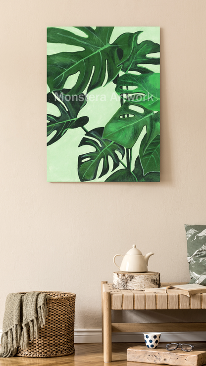 Happy Monstera - Green. Original canvas